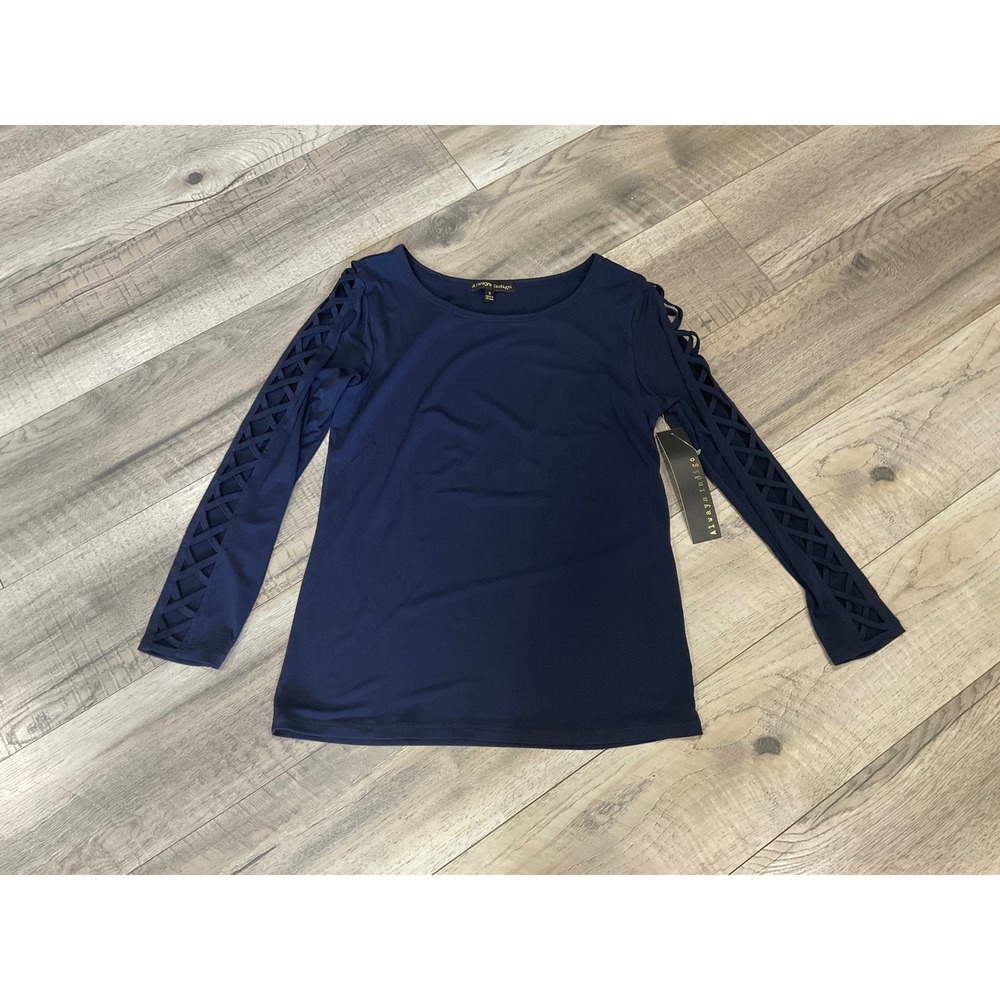 Always Indigo Navy Blue Lattice Cage Cutout Sleeve Top MT4008 Small NWT